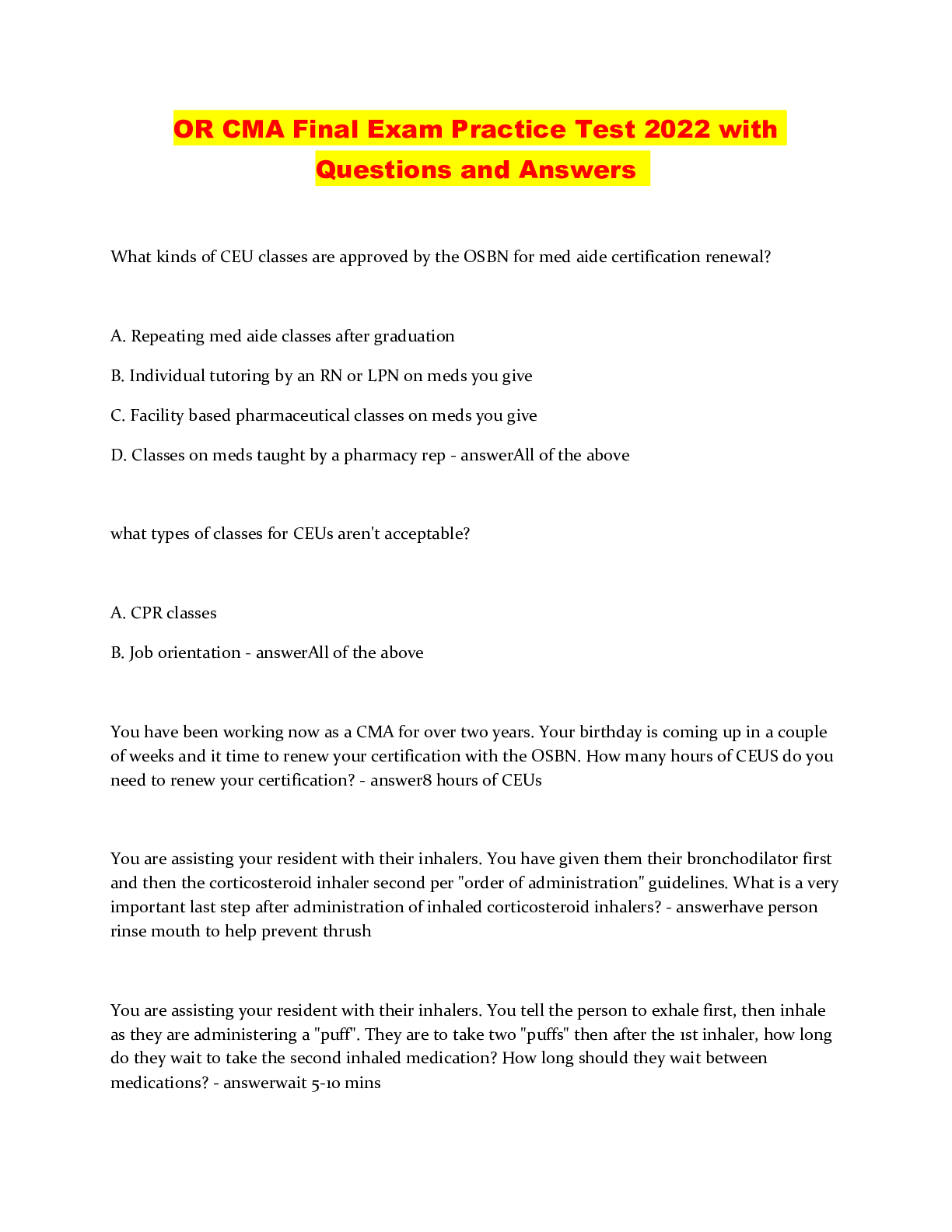 Preview image of OR CMA Final Exam Practice Test 2022 with Questions and Answers document